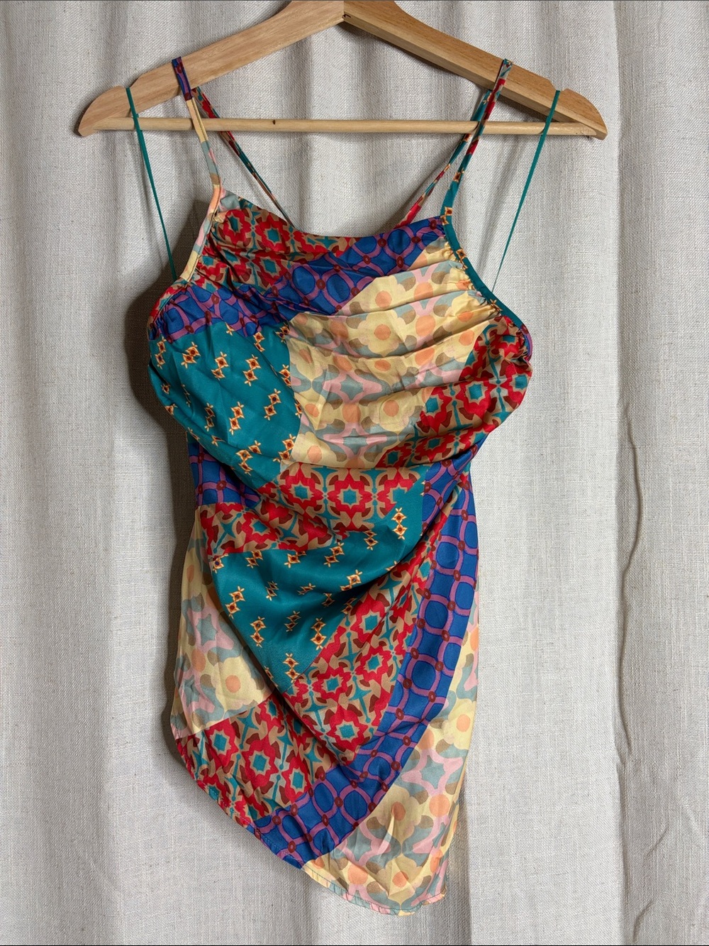 Free People Multicolor Teal Red Blue Cowl Neck Satin Cami